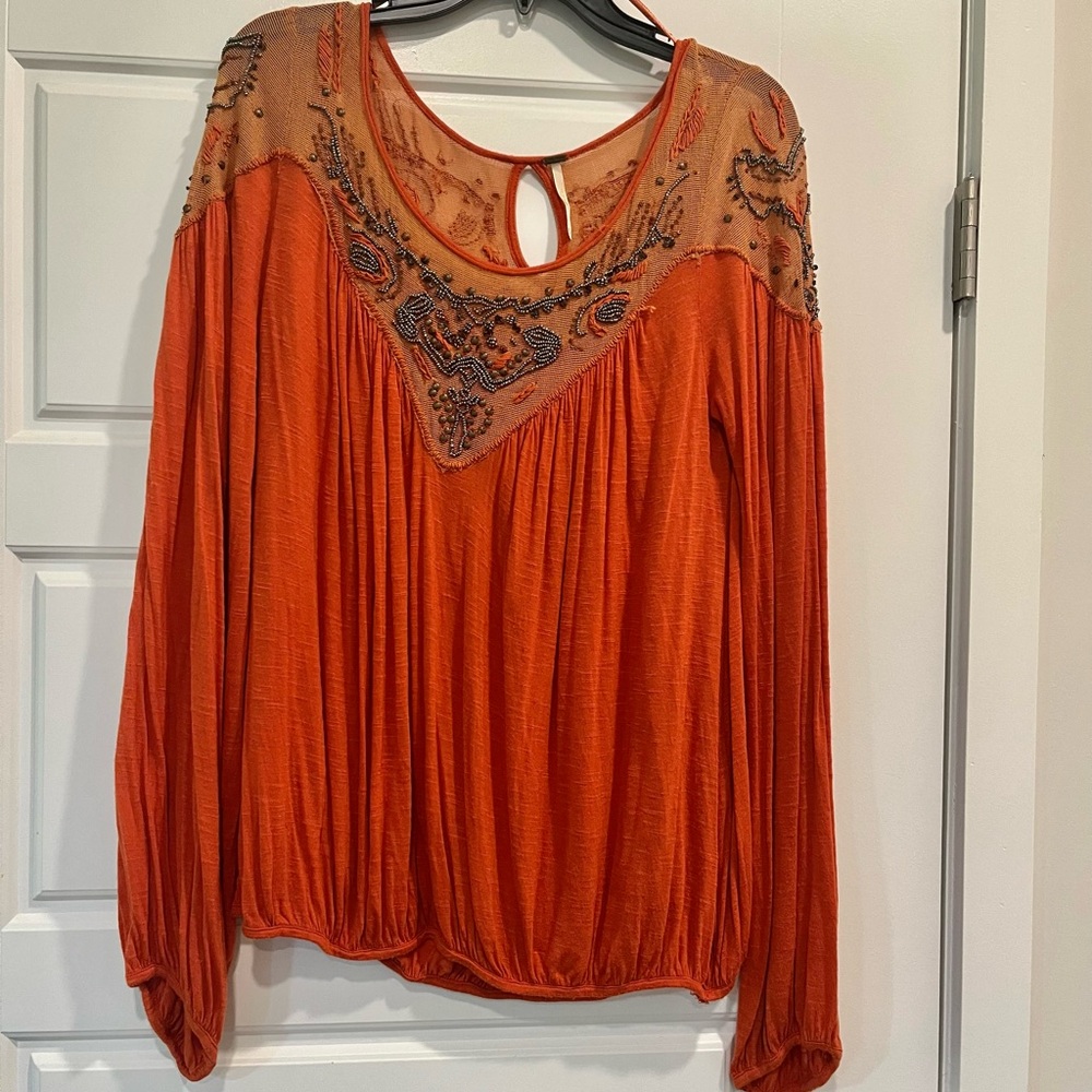 Free People embroidered orange blouse Size S Boho style.